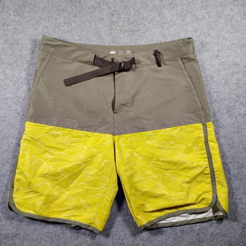 Helly Hansen Mens Olive Green Yellow Wave Print Hiking Water Shorts Size M